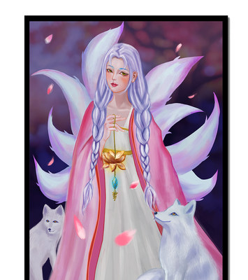 Fantasy art of ethereal figure with foxes and petals