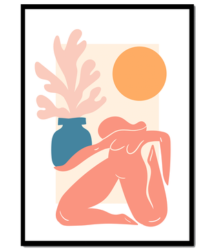 Figura desnuda abstracta con jarrón y sol en estilo minimalista