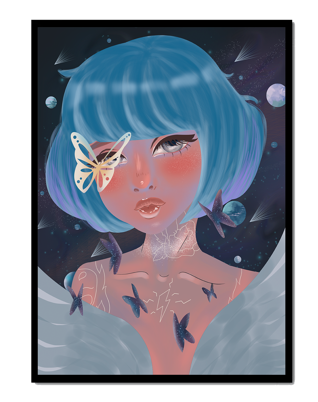 Surreal portrait of a mystical figure with blue hair and butterflies