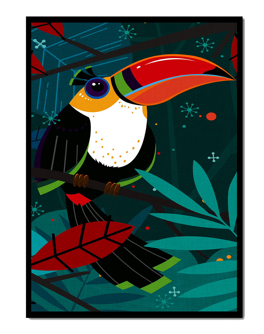 Toucan in Vibrant Jungle Setting with Abstract Elements
