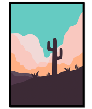 Abstract desert landscape with cactus silhouette at sunset