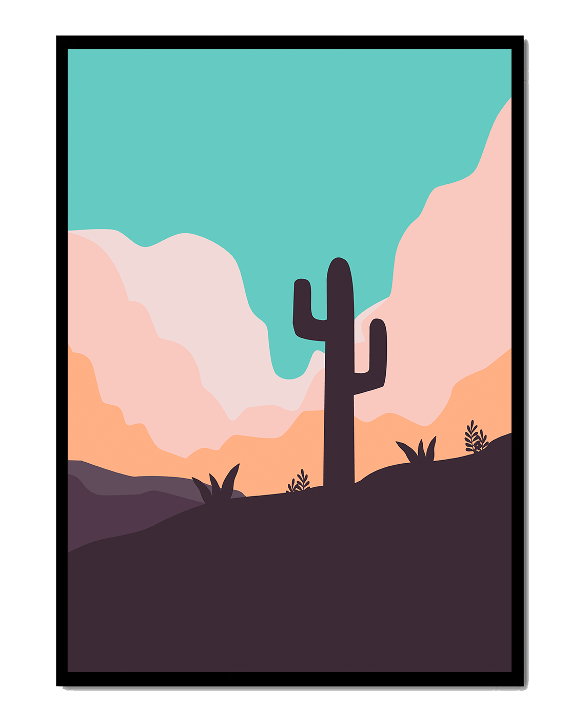 Abstract desert landscape with cactus silhouette at sunset