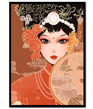Elegante retrato de una mujer asiática con atuendo tradicional y elementos florales