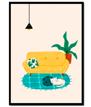 Cozy Living Room with Yellow Sofa and Sleeping Cat