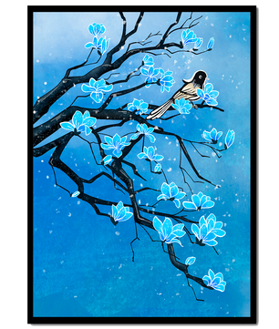 Bird on a branch with blue flowers against a snowy background