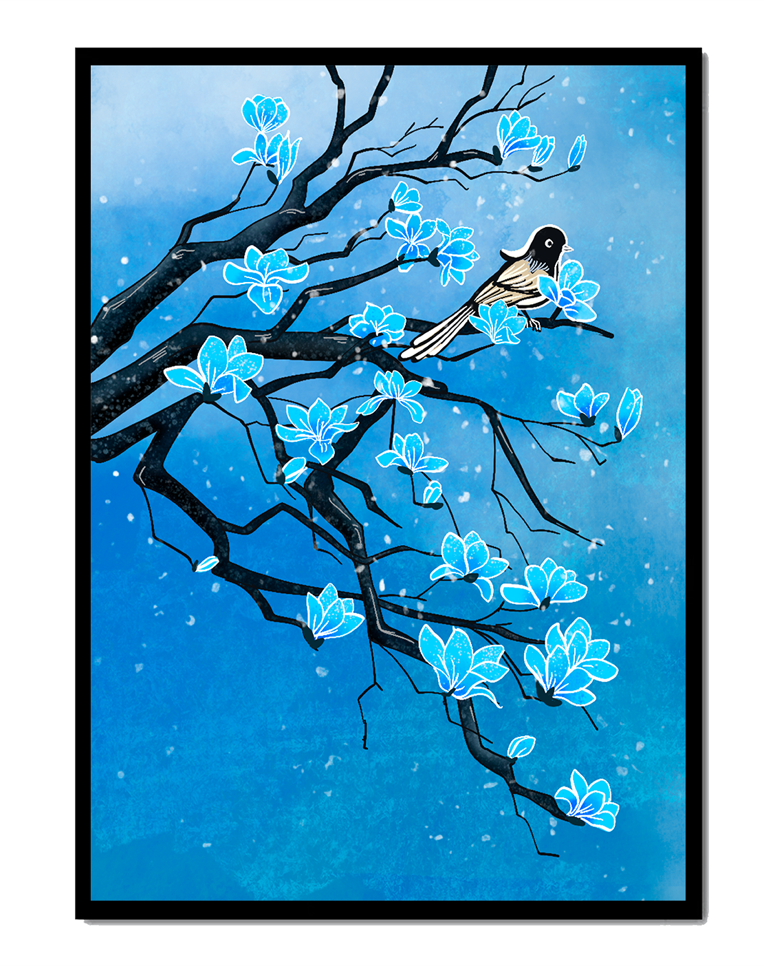 Bird on a branch with blue flowers against a snowy background