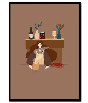 Escena acogedora con mujer junto a la chimenea y elementos decorativos