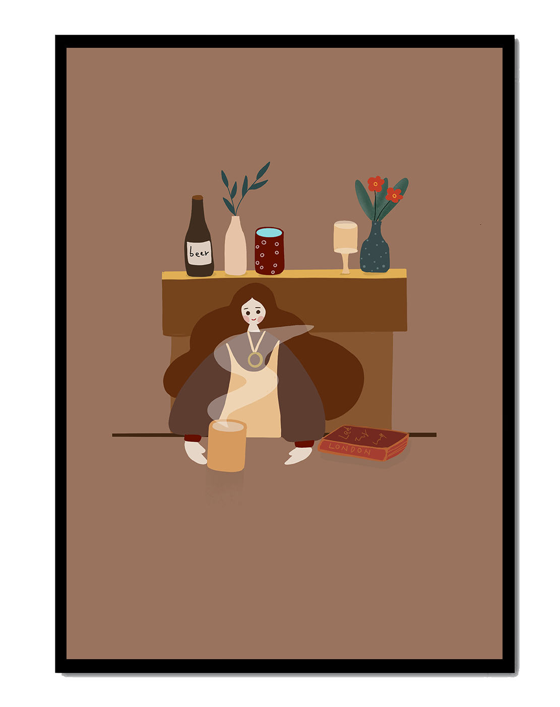 Escena acogedora con mujer junto a la chimenea y elementos decorativos