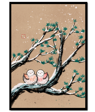 Illustration of birds on snow-covered branches in a winter landscape