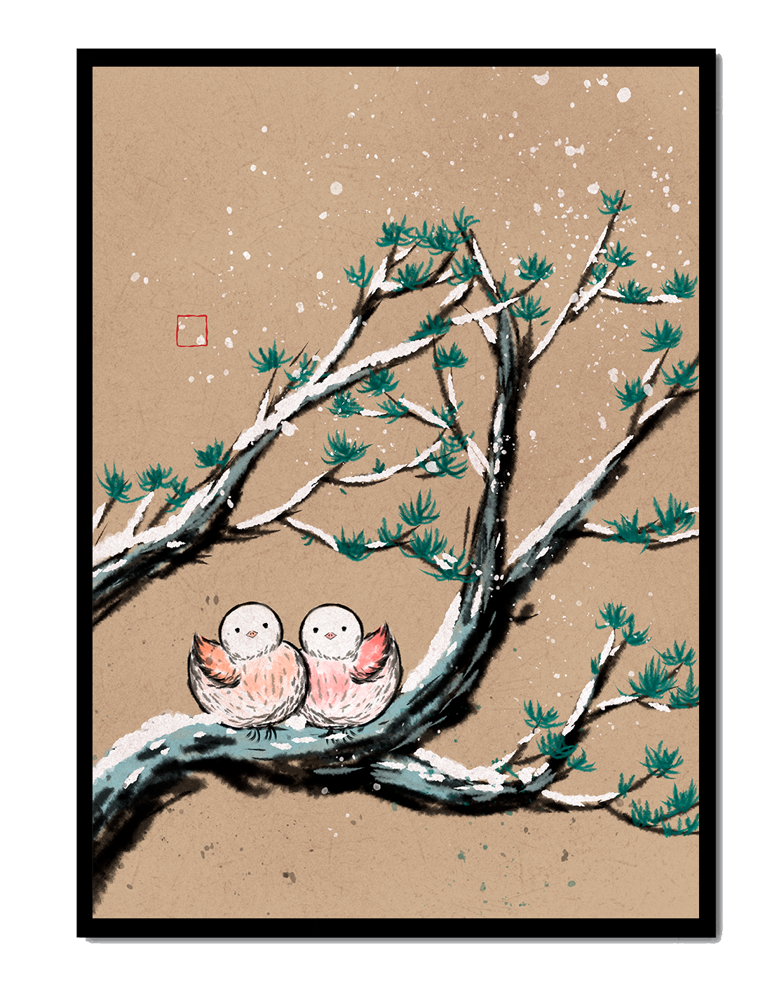 Illustration of birds on snow-covered branches in a winter landscape