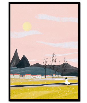 Serene landscape with mountains, village, and a girl under a pink sky