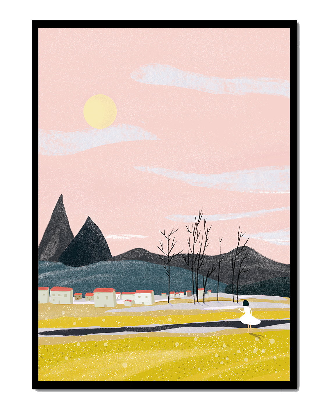 Serene landscape with mountains, village, and a girl under a pink sky