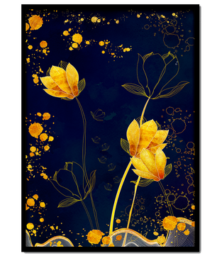 Diseño floral elegante con flores doradas sobre fondo azul marino