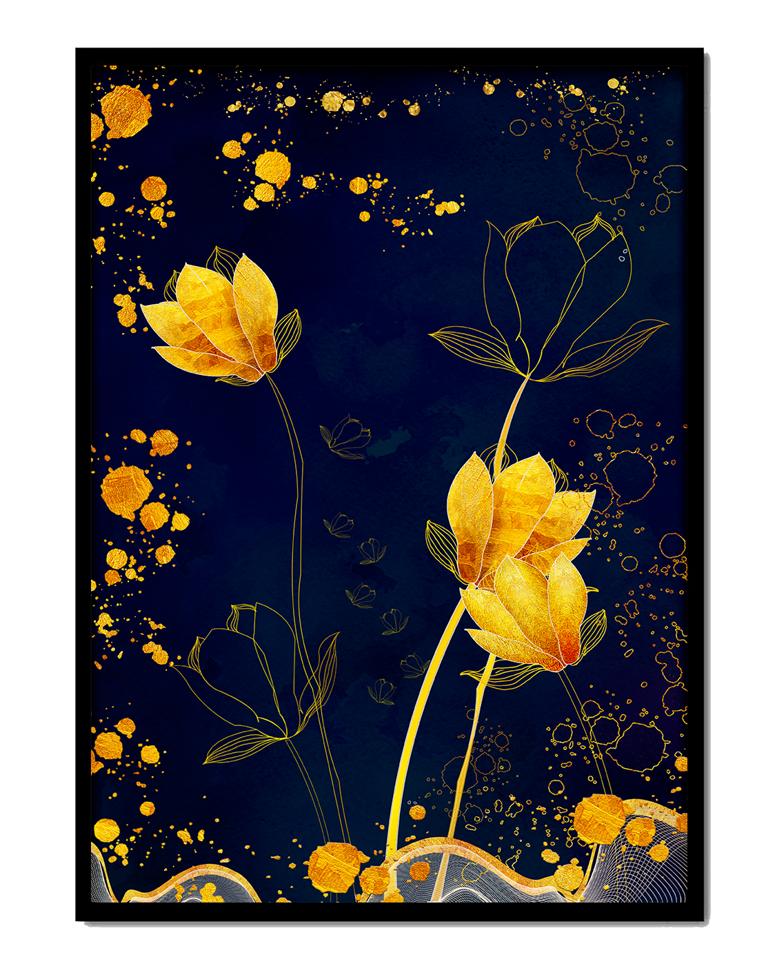 Diseño floral elegante con flores doradas sobre fondo azul marino