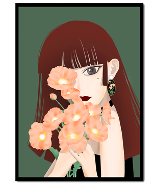 Porträt einer Frau mit Blumenstrauß und elegantem Ohrring