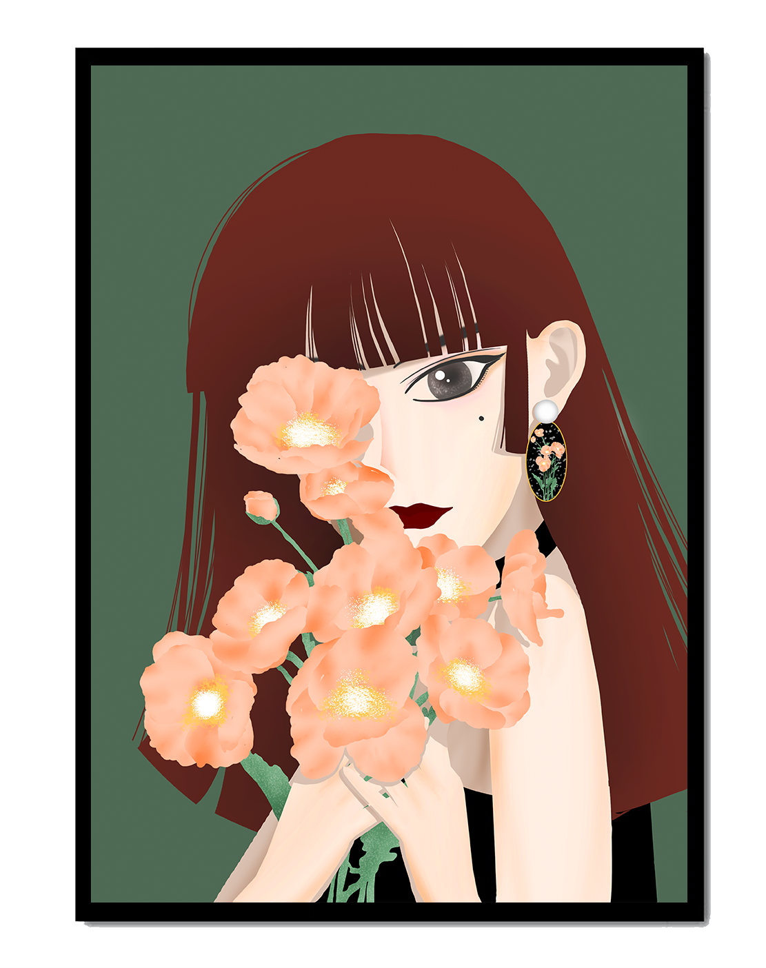 Porträt einer Frau mit Blumenstrauß und elegantem Ohrring