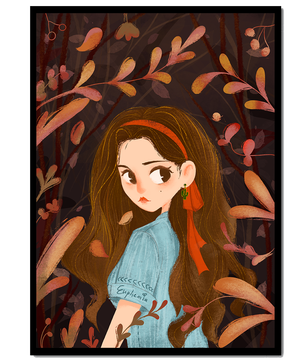 Ilustración elegante de una chica rodeada de follaje abstracto