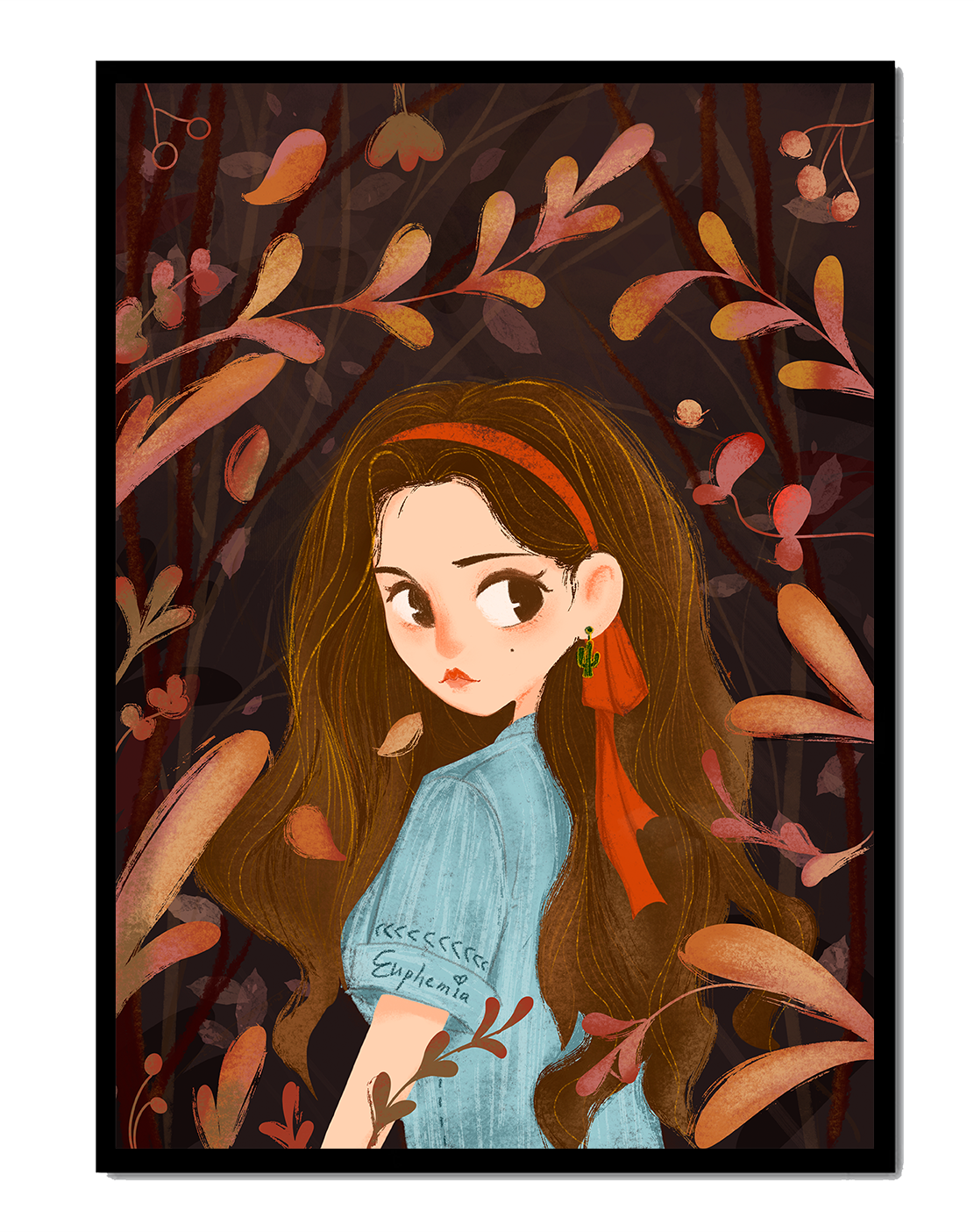 Elegante ilustración de una niña rodeada de follaje abstracto.