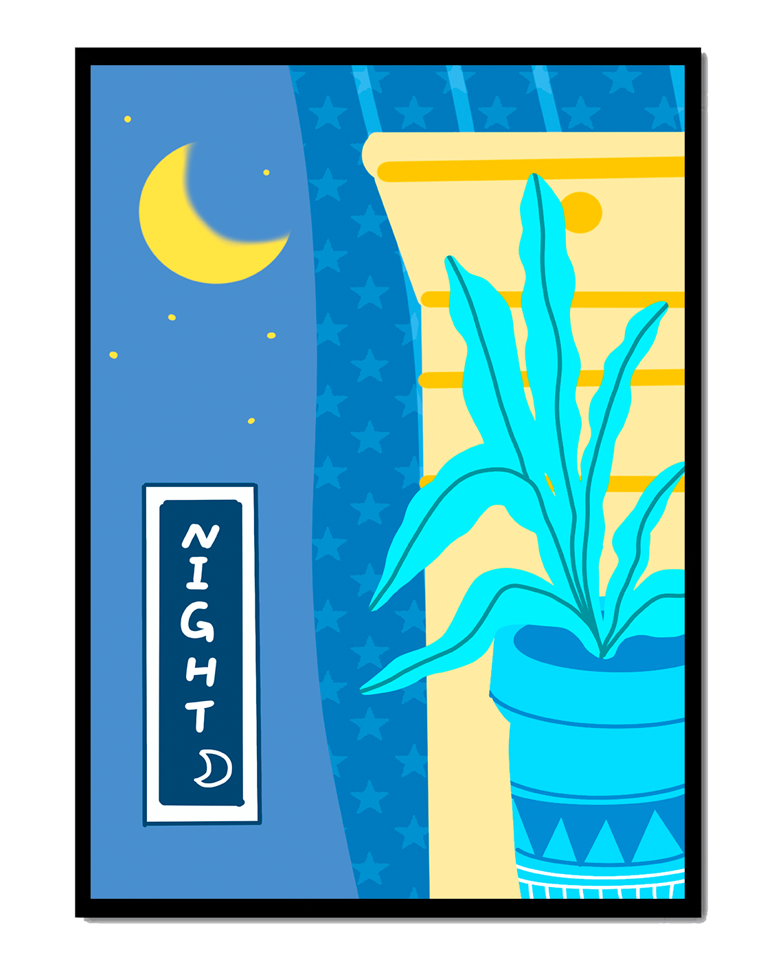 Nighttime plant illustration with crescent moon and starry background