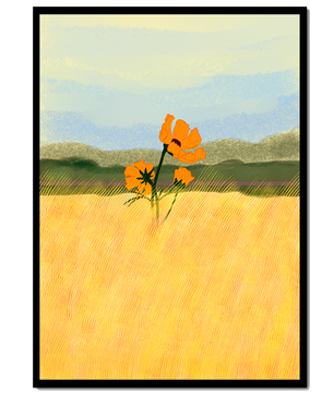 Orange Flowers in a Golden Field with Mountains and Blue Sky