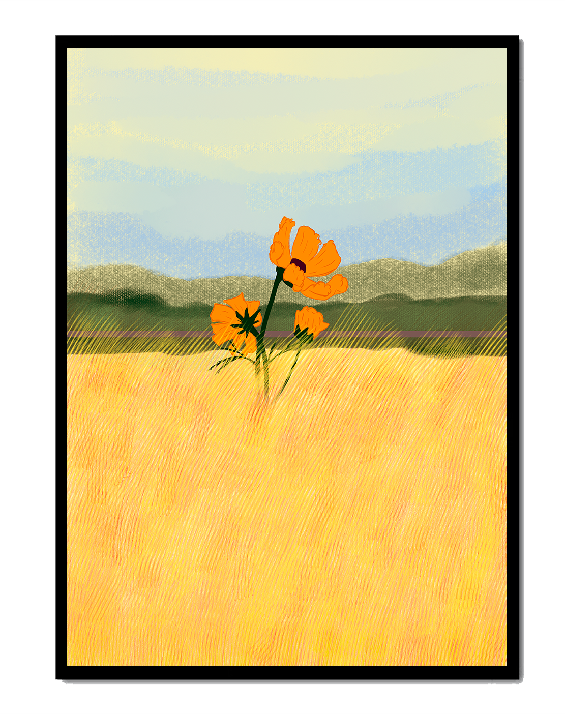 Orange Flowers in a Golden Field with Mountains and Blue Sky