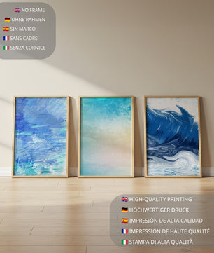 Décoration moderne avec triptyque d'art abstrait dans les tons bleus et beige