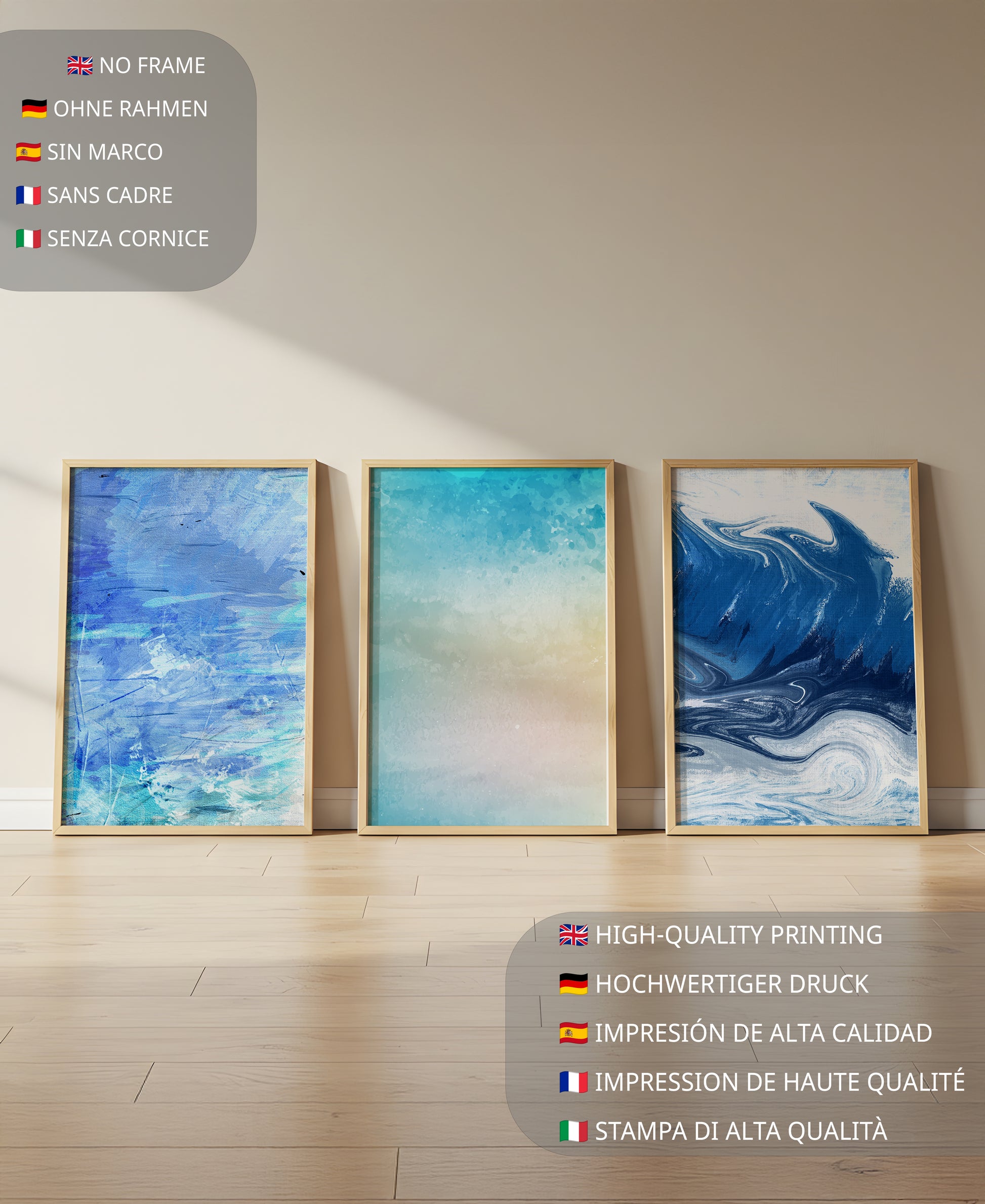 Décoration moderne avec triptyque d'art abstrait dans les tons bleus et beige