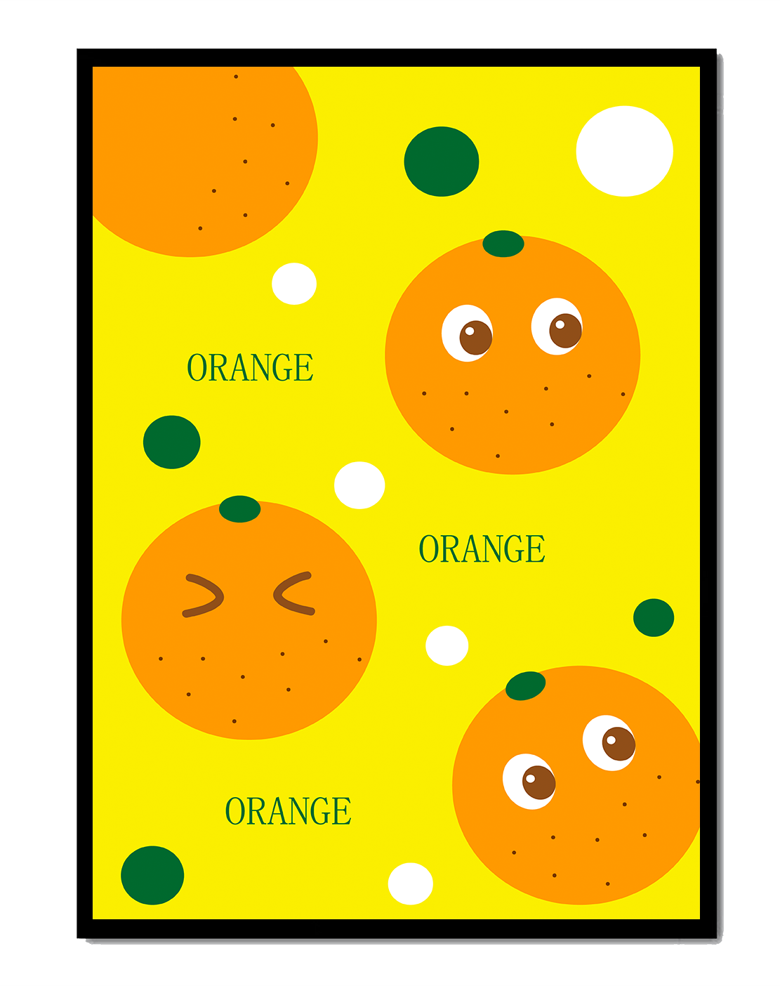 Playful orange pattern with cartoon faces and colorful circles