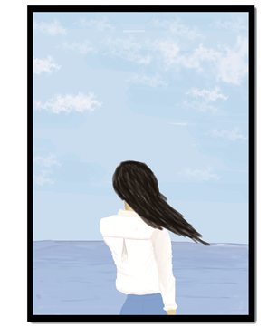 Woman gazing at the ocean with blue sky and clouds