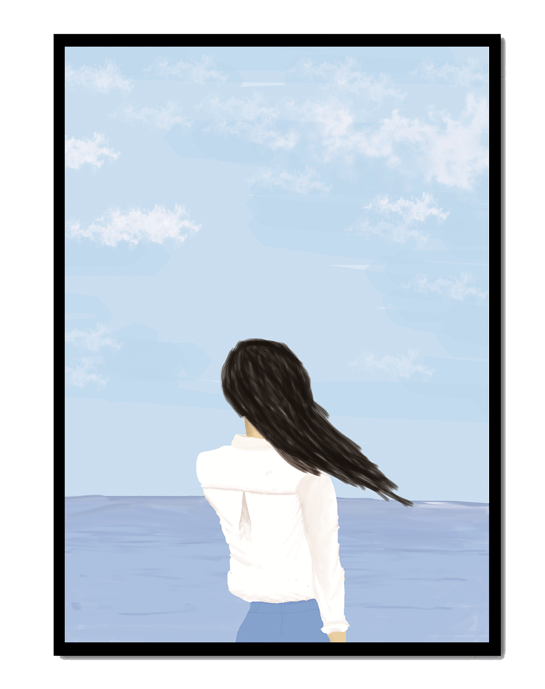 Woman gazing at the ocean with blue sky and clouds