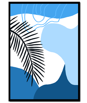 Hoja de palma abstracta sobre fondo azul con líneas fluidas