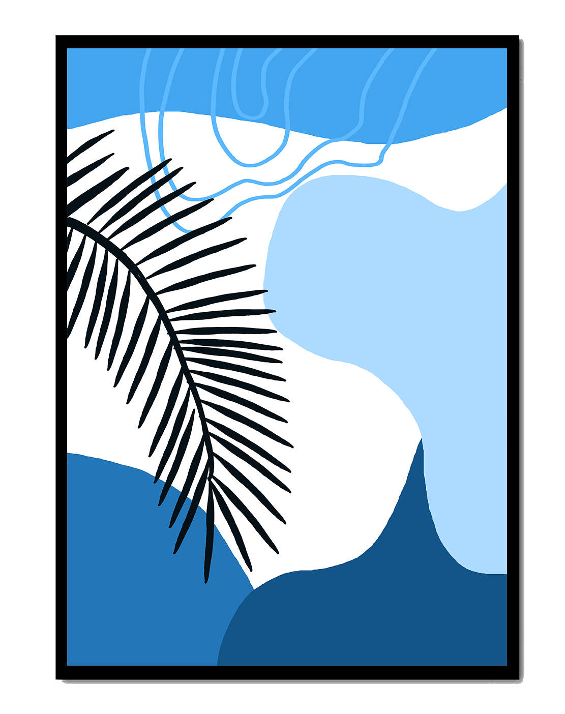 Hoja de palma abstracta sobre fondo azul con líneas fluidas