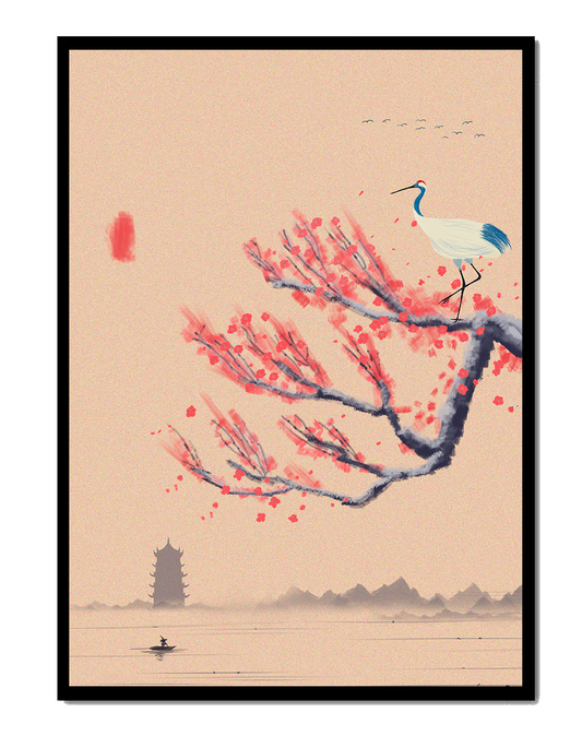 Oriental scene with crane and plum blossoms on a branch