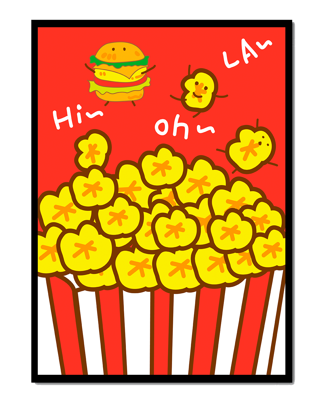 Playful illustration of popcorn and burger characters on a red background