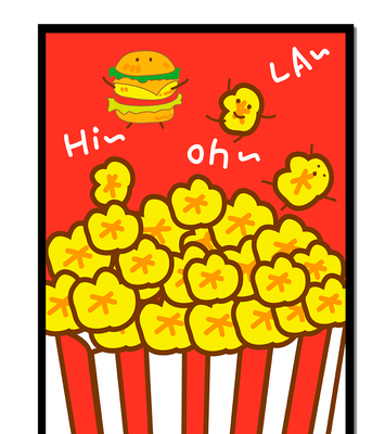 Playful illustration of popcorn and burger characters on a red background