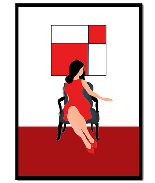 Mujer abstracta en vestido rojo sentada en una silla con arte geométrico en la pared