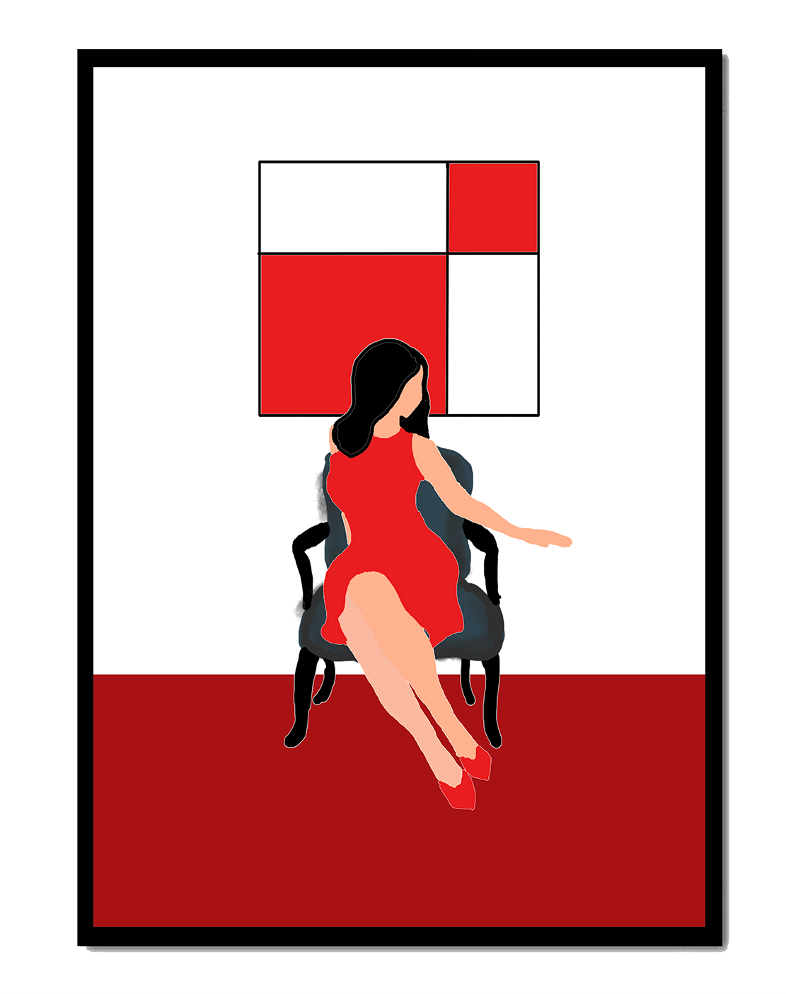 Mujer abstracta en vestido rojo sentada en una silla con arte geométrico en la pared