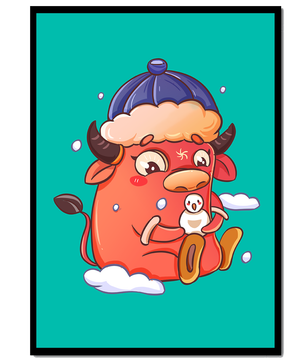 Winter cow cartoon with snowman on turquoise background