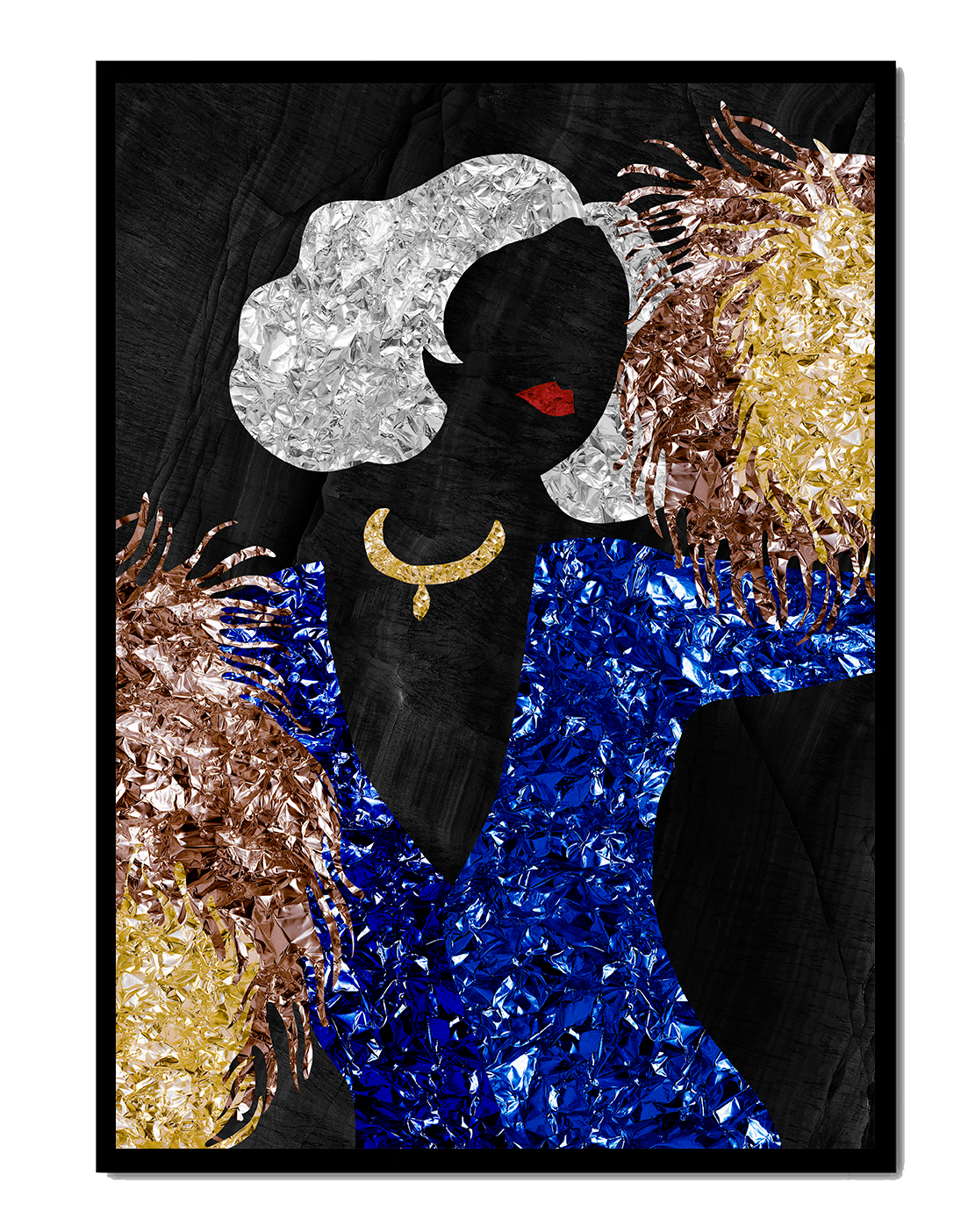 Abstract art with colorful foil textures and silhouette