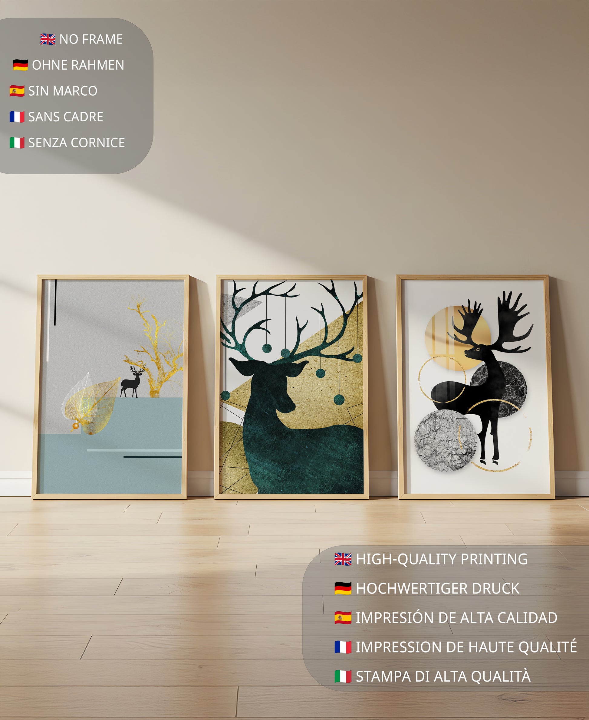 Ensemble de tableaux de cerfs avec des détails dorés