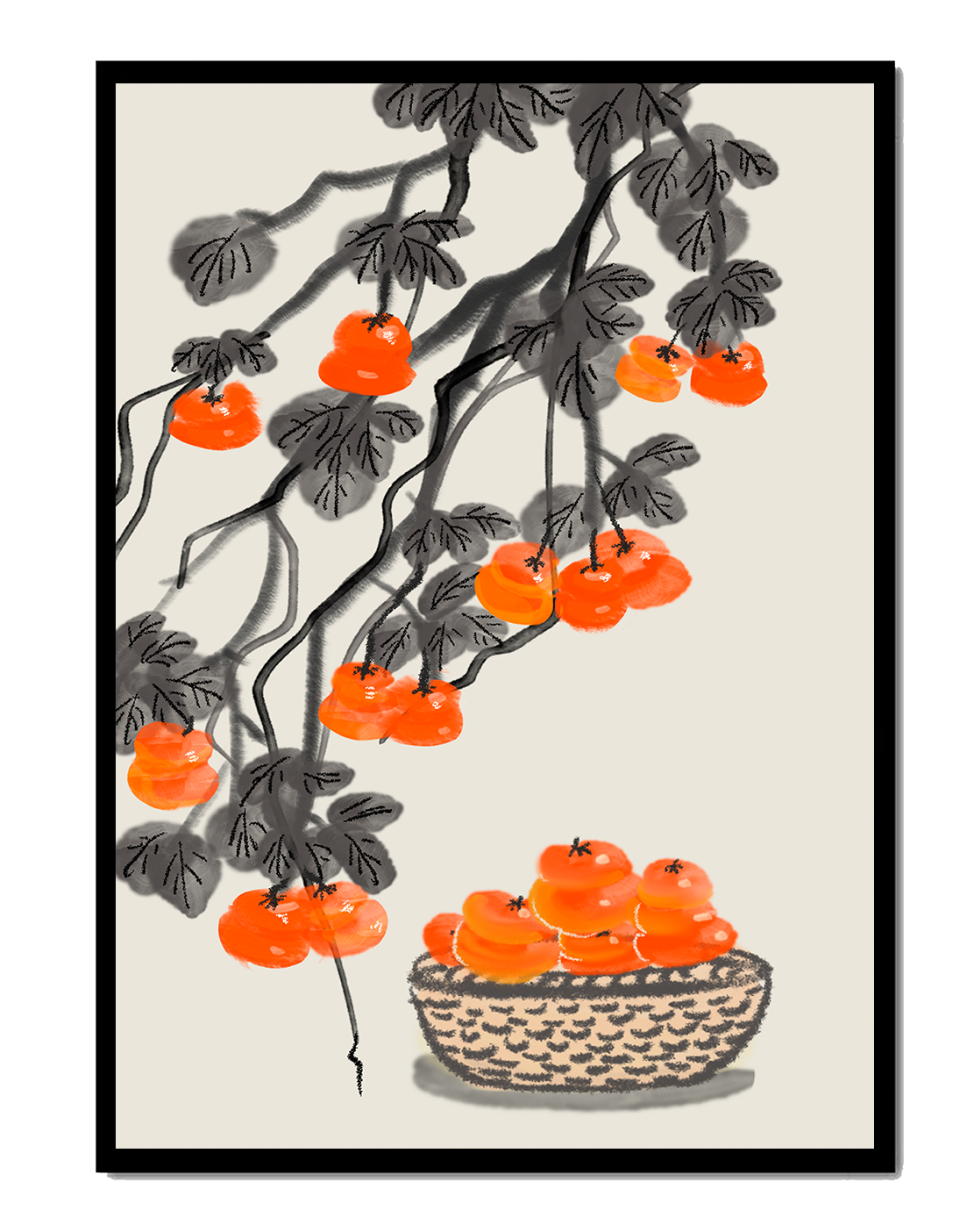 Artistic depiction of hanging persimmons with basket on watercolor canvas