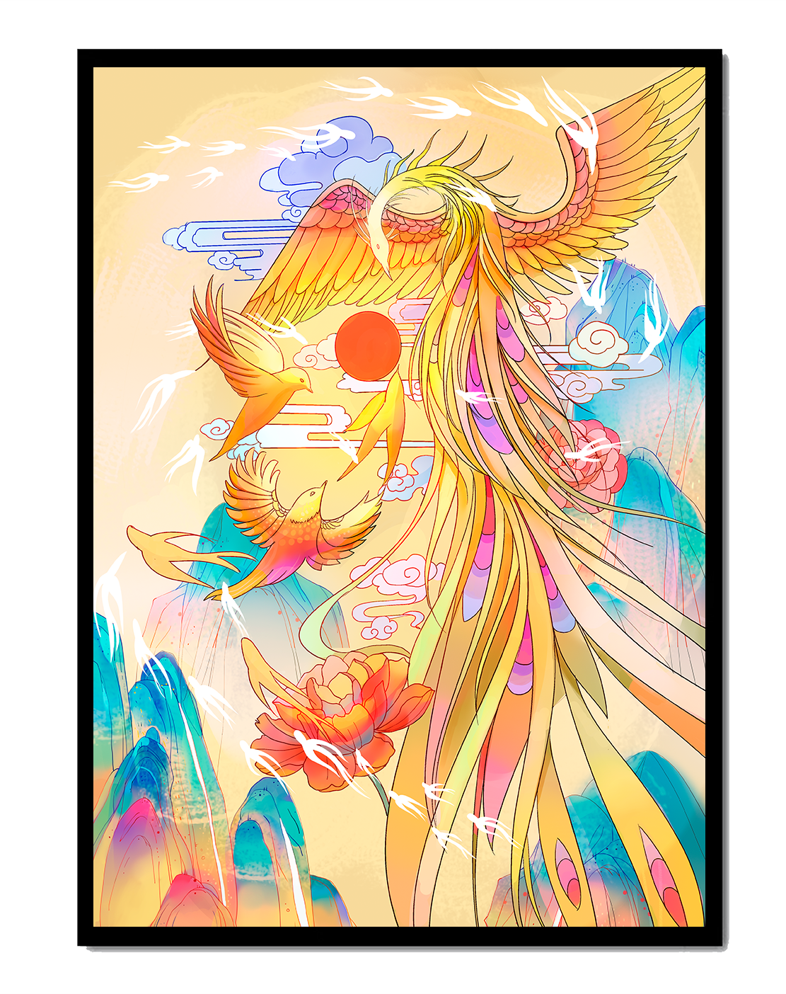 Colorful phoenix soaring in a dreamlike sky with vibrant flowers and mountains
