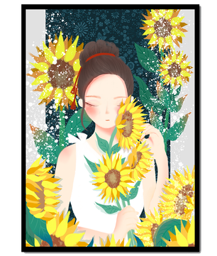 Young woman surrounded by vibrant sunflowers in a serene setting