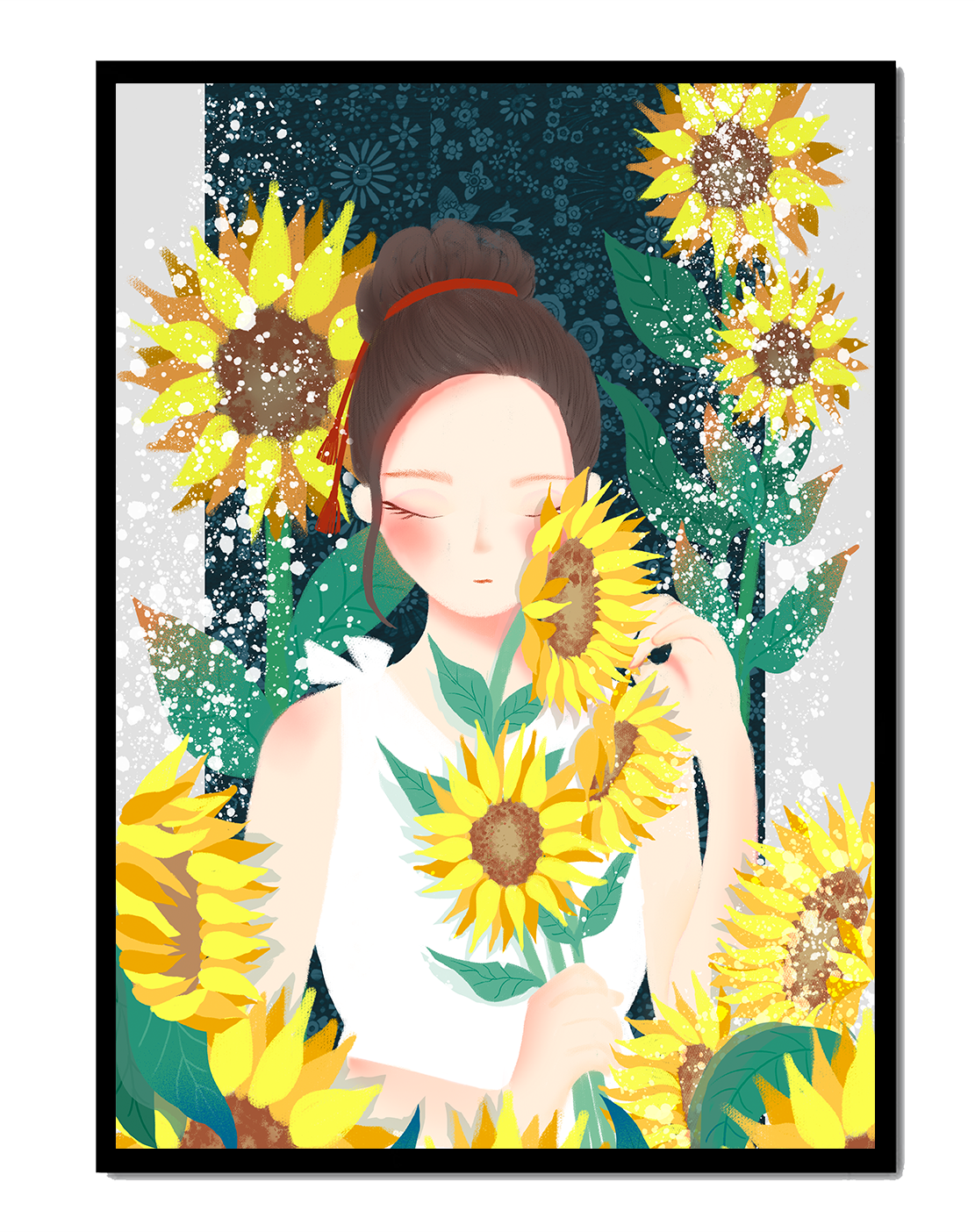 Young woman surrounded by vibrant sunflowers in a serene setting