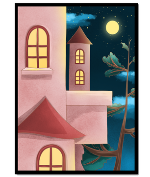 Castillo con ventanas arqueadas bajo el cielo iluminado por la luna