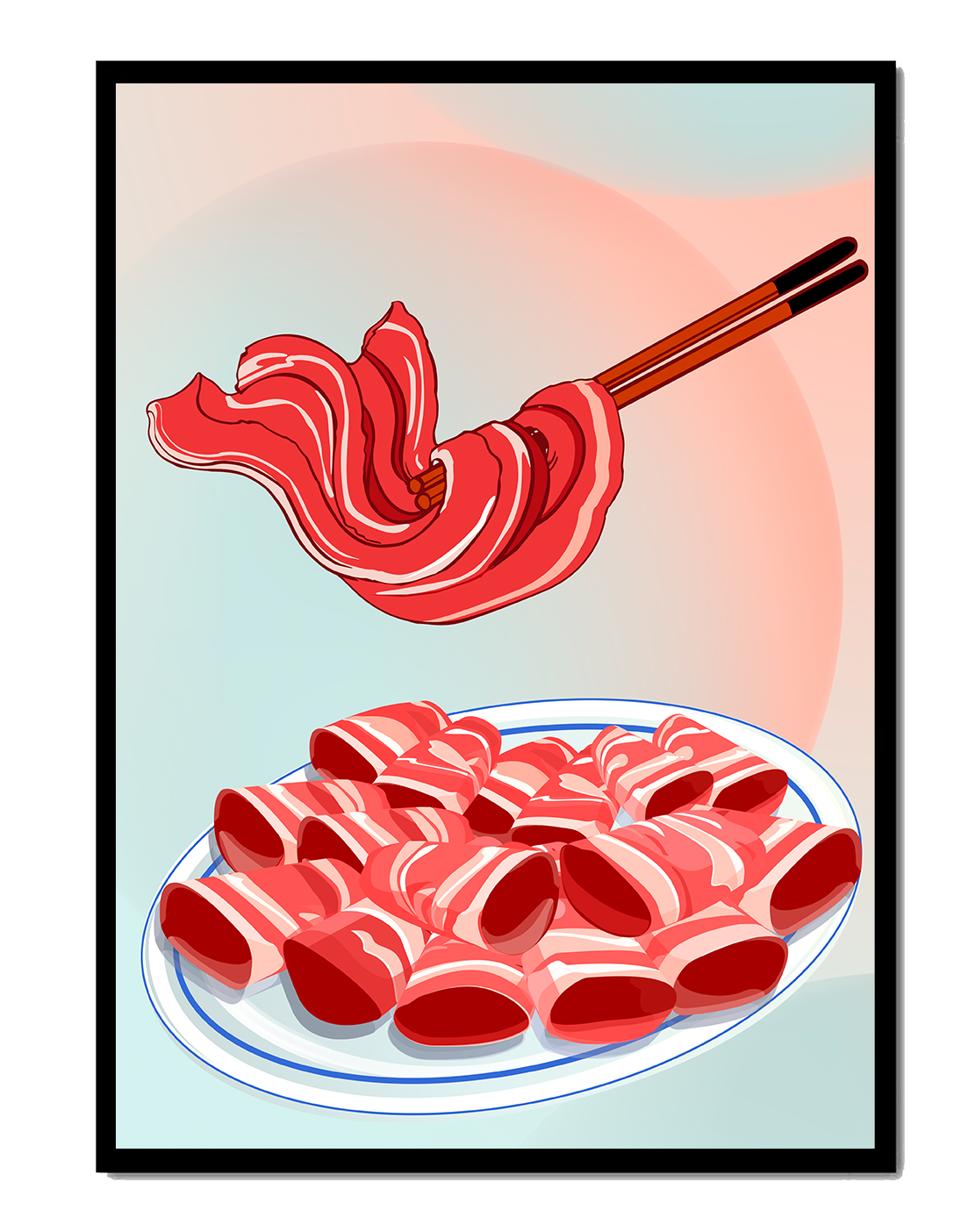 Delicious raw meat slices on plate with chopsticks in background