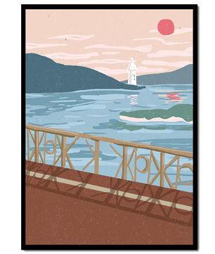 Coastal Landscape with Lighthouse and Artistic Fence at Sunset