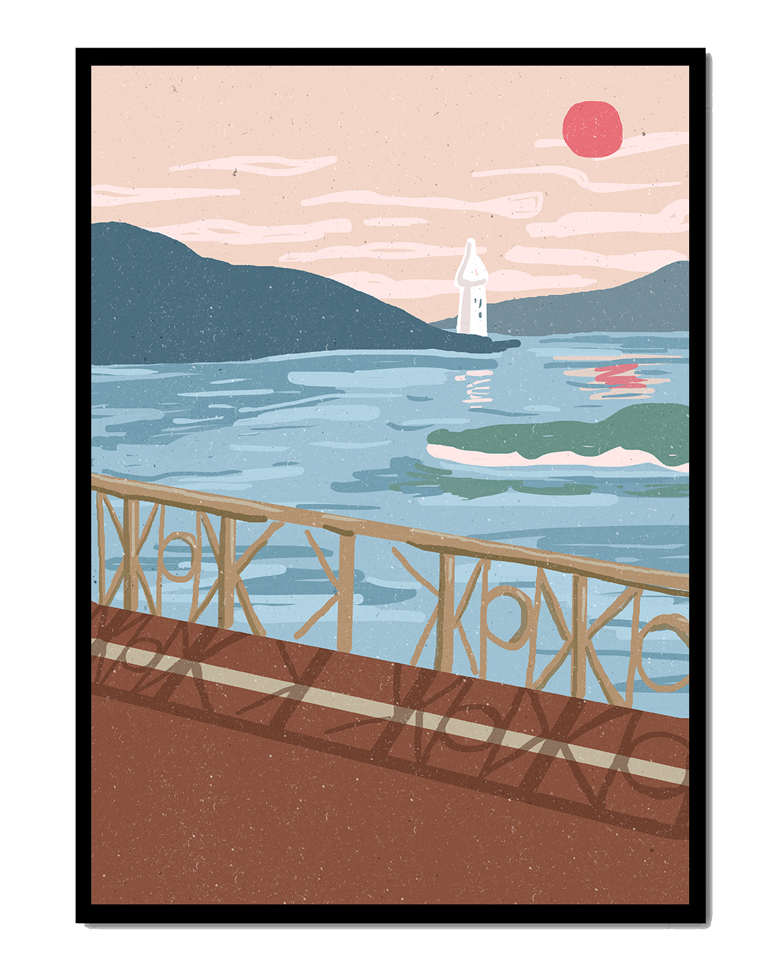 Coastal Landscape with Lighthouse and Artistic Fence at Sunset