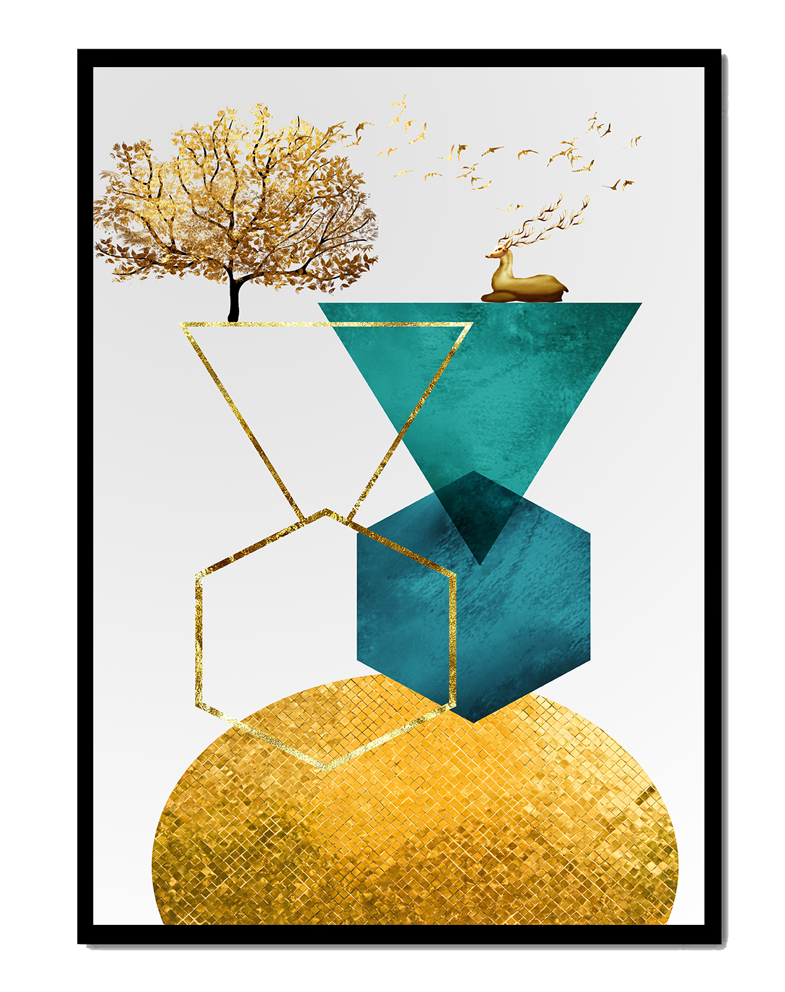 Abstract Geometric Composition with Golden Deer and Tree