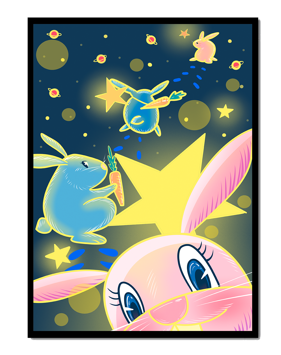 Playful bunnies with carrots and stars in a whimsical space scene